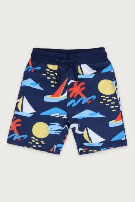 Blue Printed Cotton Regular Fit Shorts